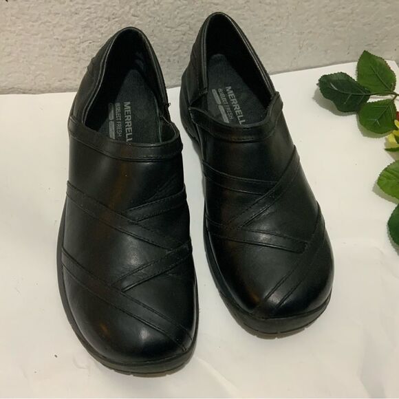 MERRELL Black Leather Select Fresh Air Cushion Mules Clogs 9.5 - Picture 2 of 10